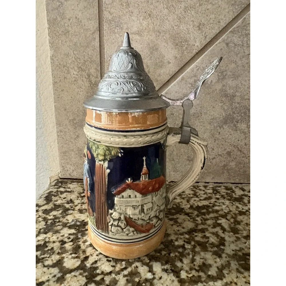 Vintage DBGM Western German Beer Stein With Pewter Lid Ceramic Rare Mug. TR36